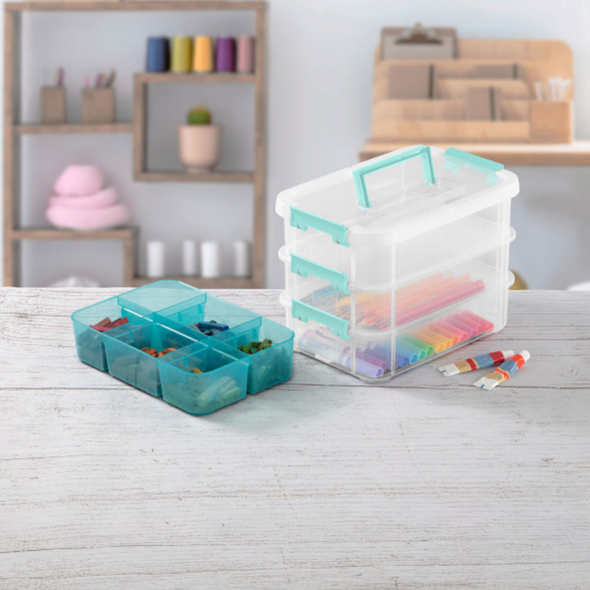 Sterilite Convenient Home 3-Tiered Stacking Carry Storage Box, Clear (24 Pack) - VMInnovations