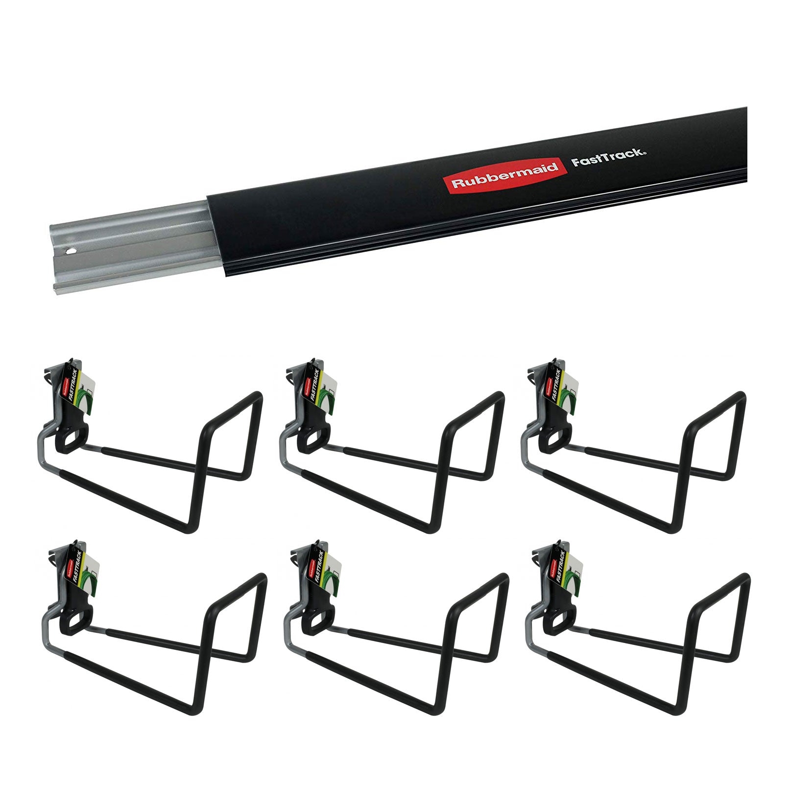 Rubbermaid Fast Track 48 Inch Wall Mounted Storage Rail & Hose Hooks (6 Pack) - VMInnovations