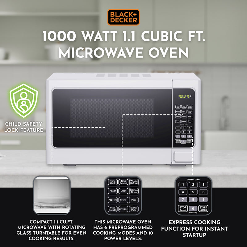 Black+Decker 1000 Watt 1.1 Cubic Feet Countertop Table Microwave Oven (Used)