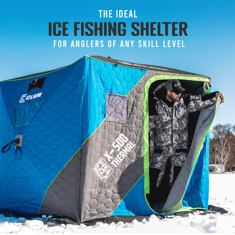 CLAM X-500 Portable 9 Ft 5 Person Ice Team Thermal Hub Shelter w/Dimmable Light