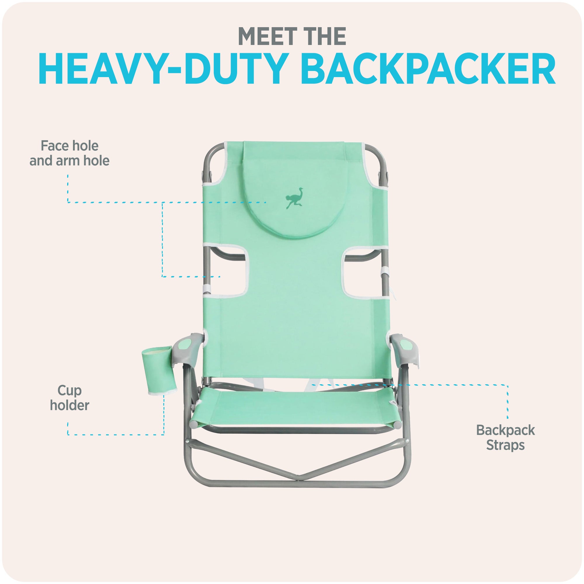 Ostrich On Your Back Folding Reclining Beach Camping Lawn Chair, Teal(For Parts)