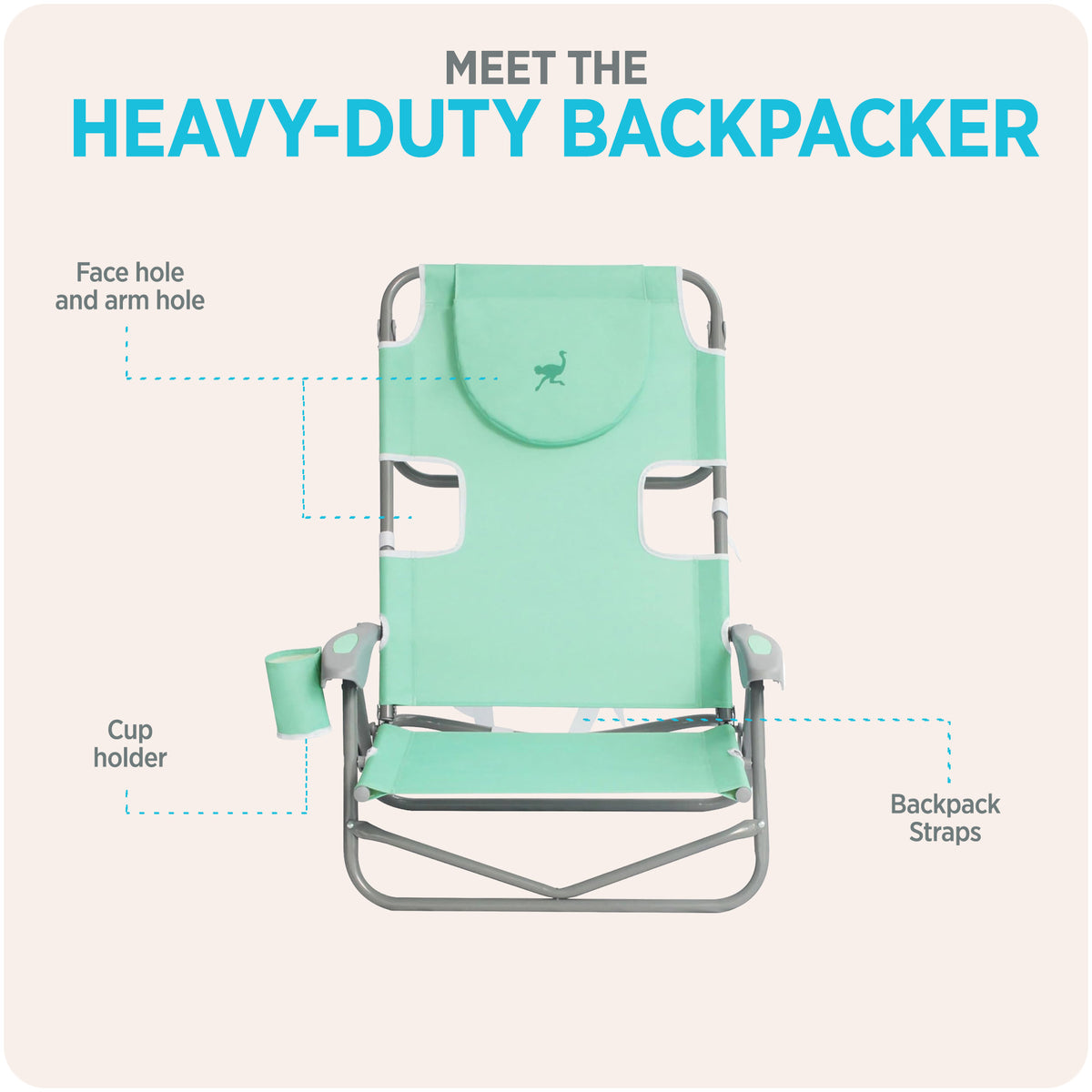 Ostrich On Your Back Folding Reclining Beach Camping Lawn Chair, Teal(For Parts)