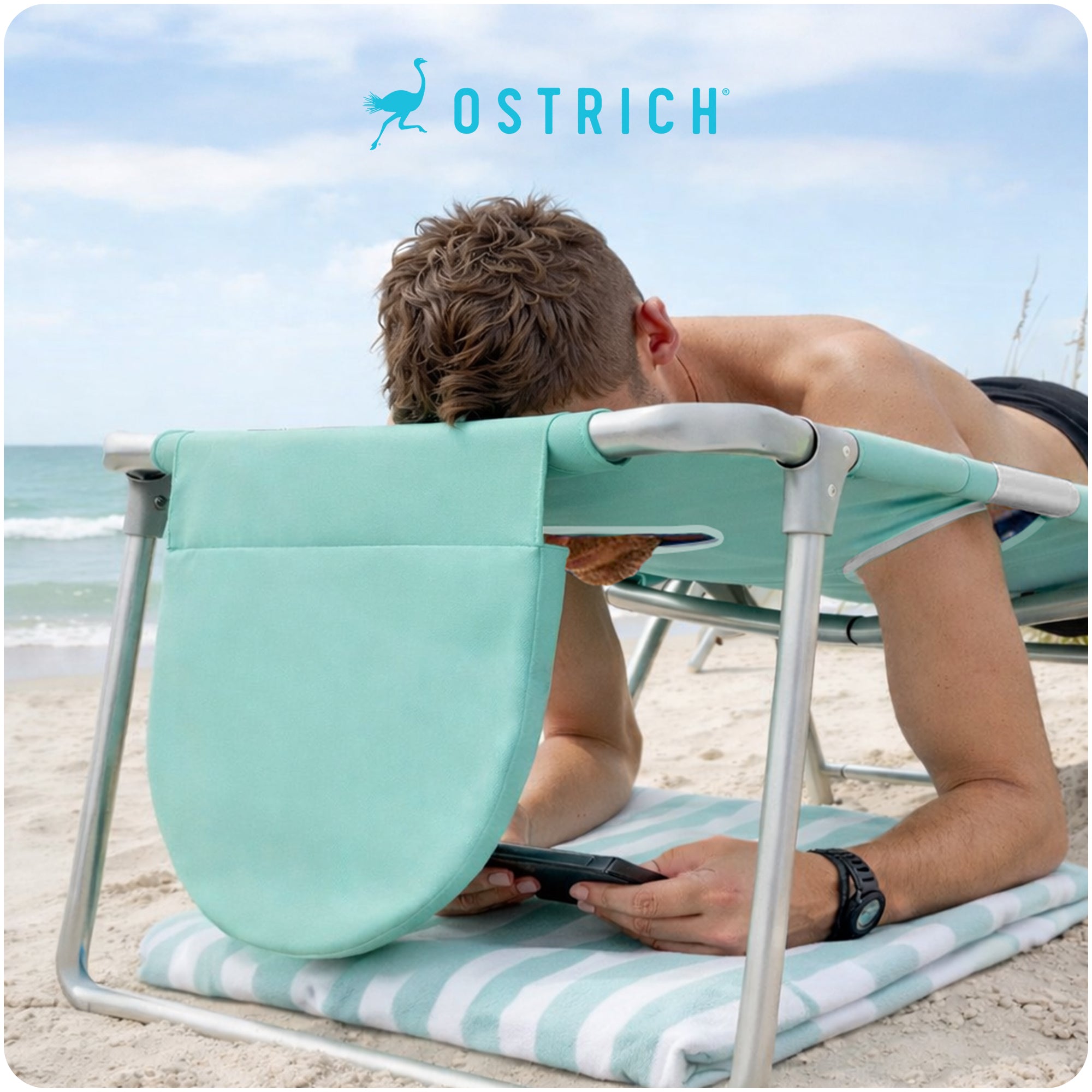 Ostrich On Your Back Folding Reclining Beach Camping Lawn Chair, Teal(For Parts)