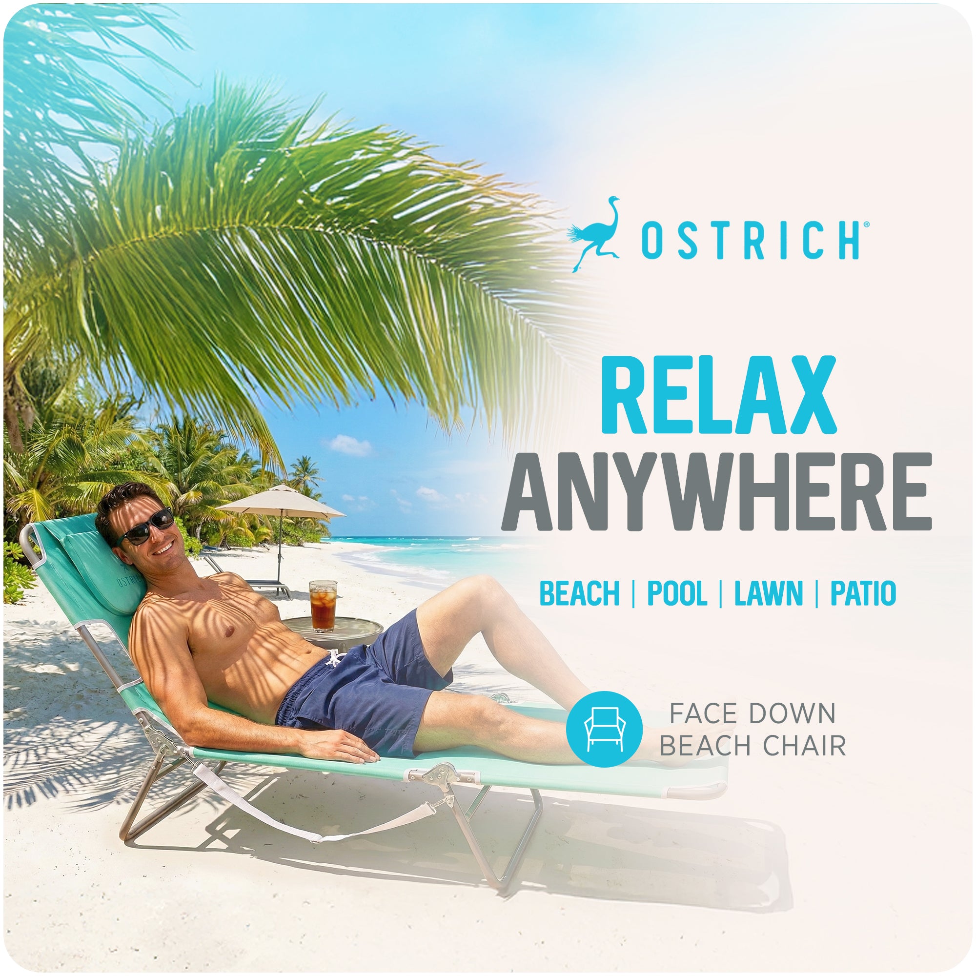 Ostrich Outdoor Folding Adjustable Recliner Chaise Lounge Beach Pool Chair, Teal (Refurbished) - VMInnovations