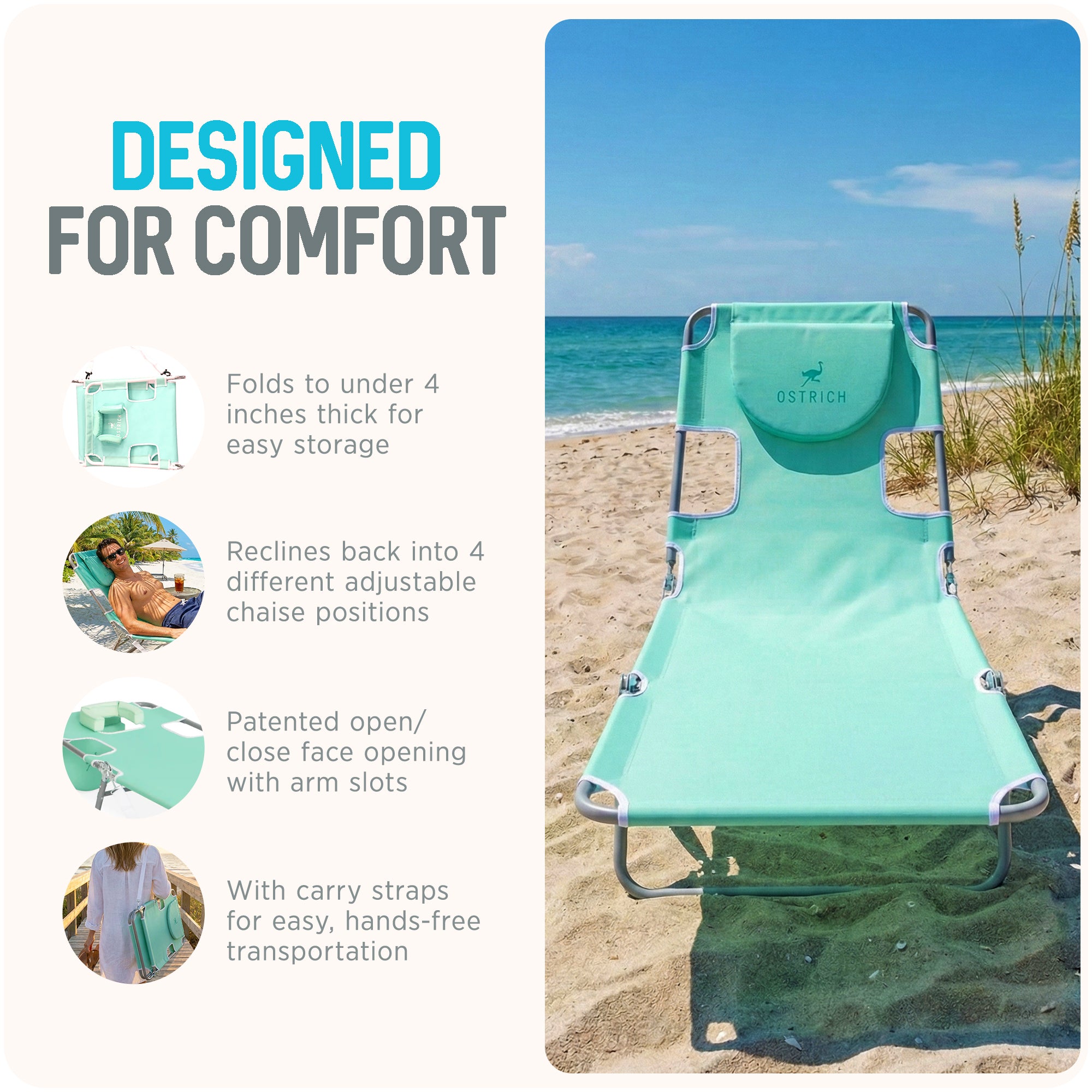 Ostrich Outdoor Folding Adjustable Recliner Chaise Lounge Beach Pool Chair, Teal (Refurbished) - VMInnovations