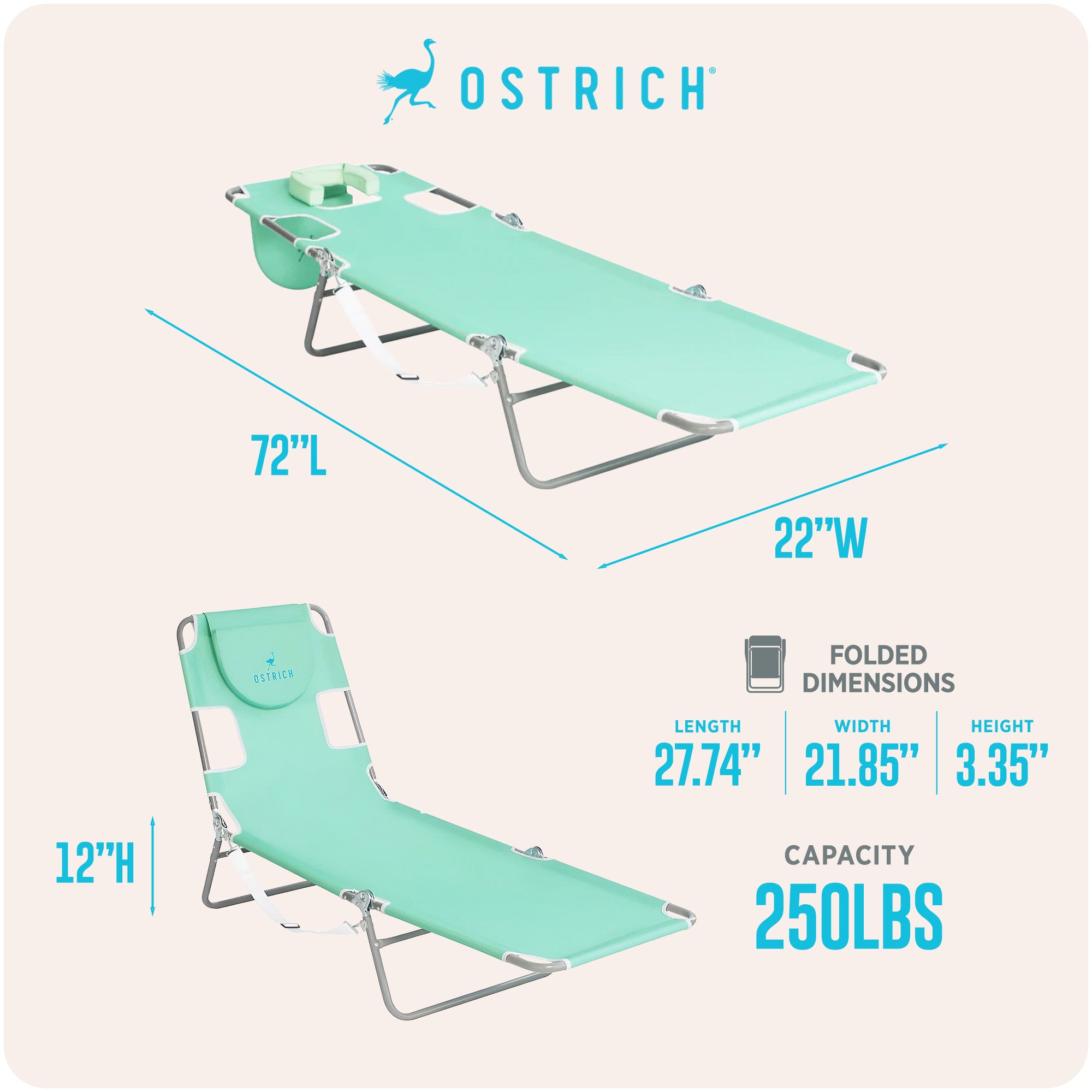 Ostrich Folding Recliner Chaise Lounge Beach Pool Chair, Teal (For Parts) - VMInnovations