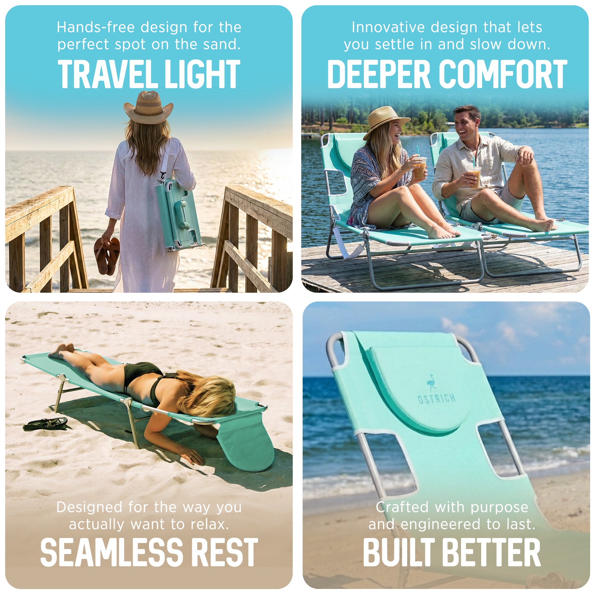 Ostrich Outdoor Folding Adjustable Recliner Chaise Lounge Beach Pool Chair, Teal (Refurbished) - VMInnovations