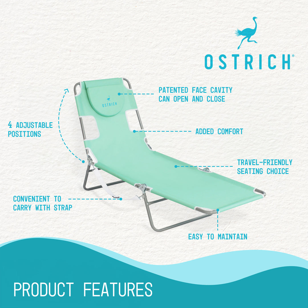 Ostrich Chaise Lounge Folding Sunbathing Recliner Beach Chair, Teal (2 Pack)