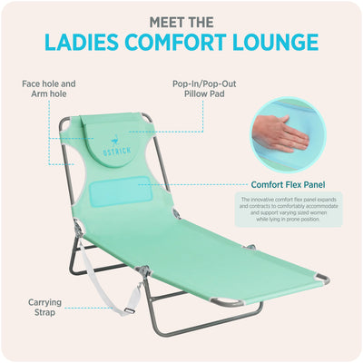 Ostrich Ladies Comfort Lounger, Beach Camping Pool Tanning Chair, Teal (Used)