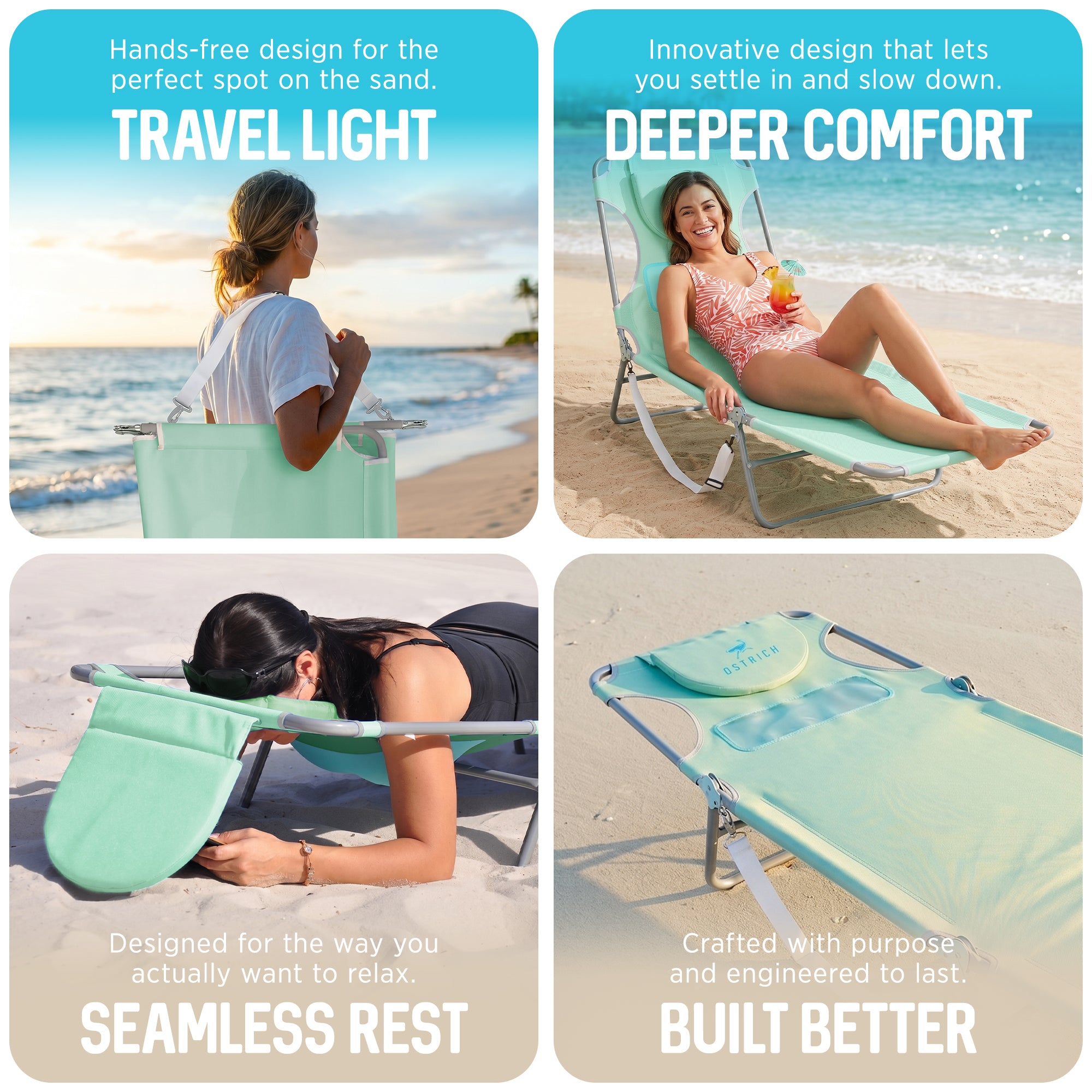 Ostrich Chaise Lounge Folding Sunbathing Poolside Beach Chair, Teal (For Parts)