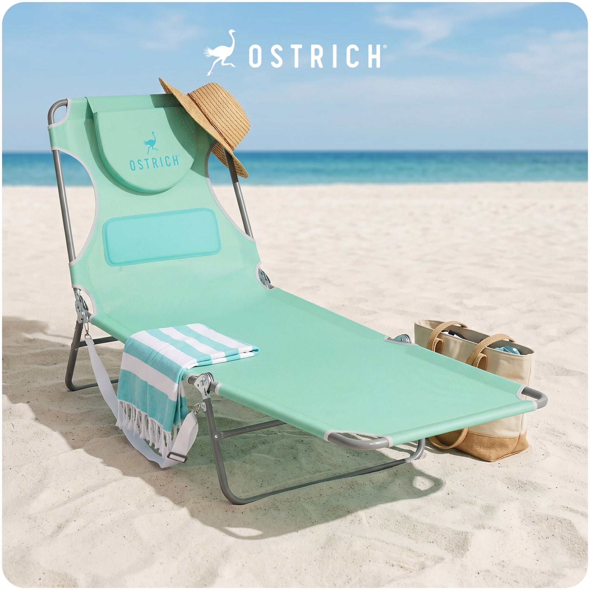 Ostrich Chaise Lounge Folding Sunbathing Poolside Beach Chair, Teal (For Parts)