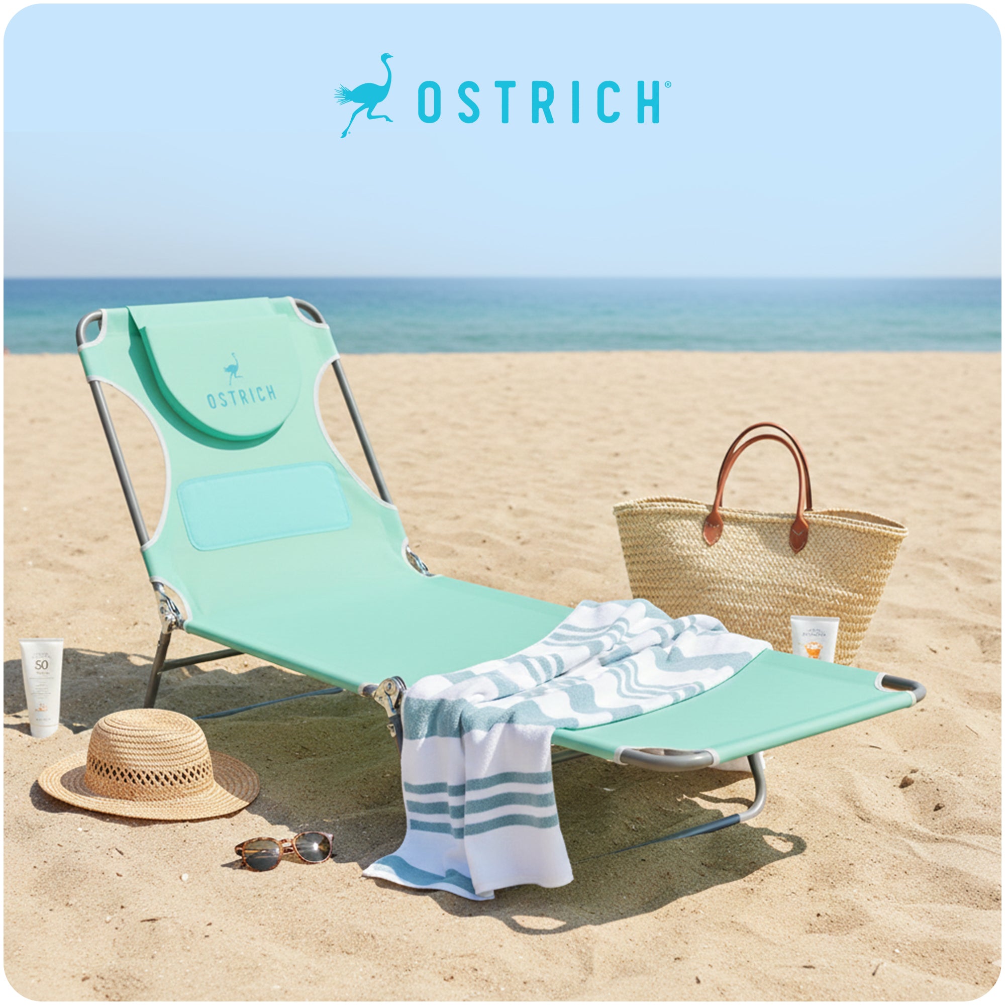 Ostrich Ladies Comfort Lounger, Beach Camping Pool Tanning Chair, Teal (Used)