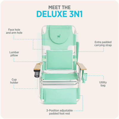 Ostrich Deluxe Padded 3 N 1 Lounge Folding Reclining Beach Chair, Teal (Damaged)