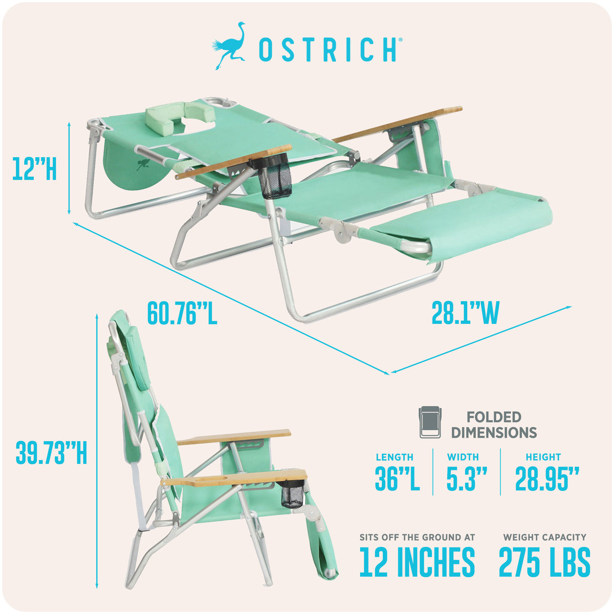 Ostrich Deluxe Padded 3 N 1 Lounge Folding Reclining Beach Chair, Teal (Damaged)
