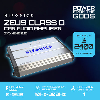 Hifonics Zeus 2400W Max Class D Monoblock Car Audio Amp & Bass Knob, ZXX-2400.1D
