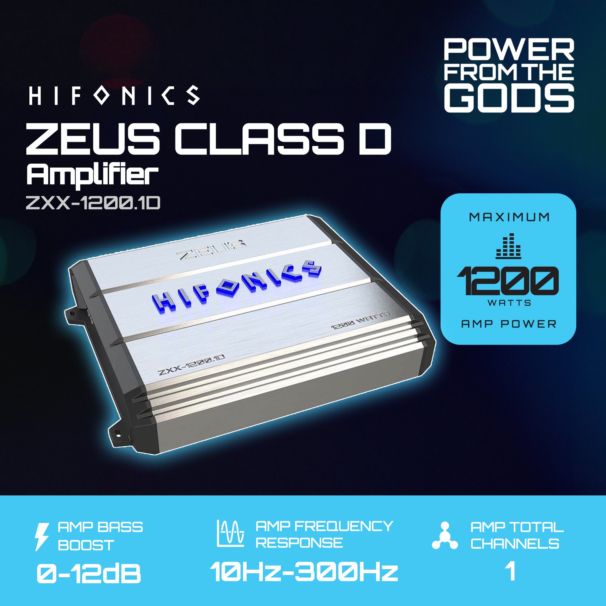 Hifonics Zeus 1200W Max Class D Monoblock Car Audio Amp & Bass Knob, ZXX-1200.1D