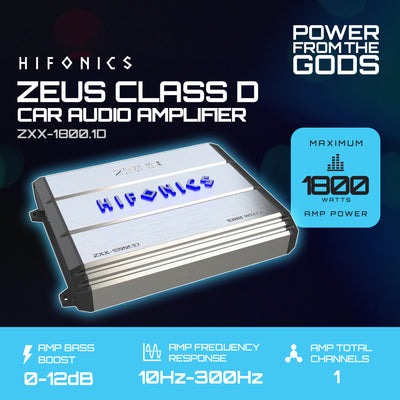 Hifonics Zeus 1800W Max Class D Monoblock Car Audio Amp & Bass Knob, ZXX-1800.1D