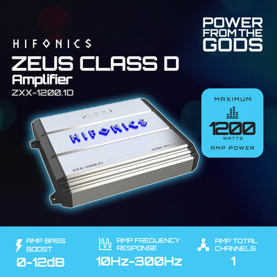 Hifonics Zeus 1200W Max Class D Monoblock Car Audio Amp & Bass Knob, ZXX-1200.1D
