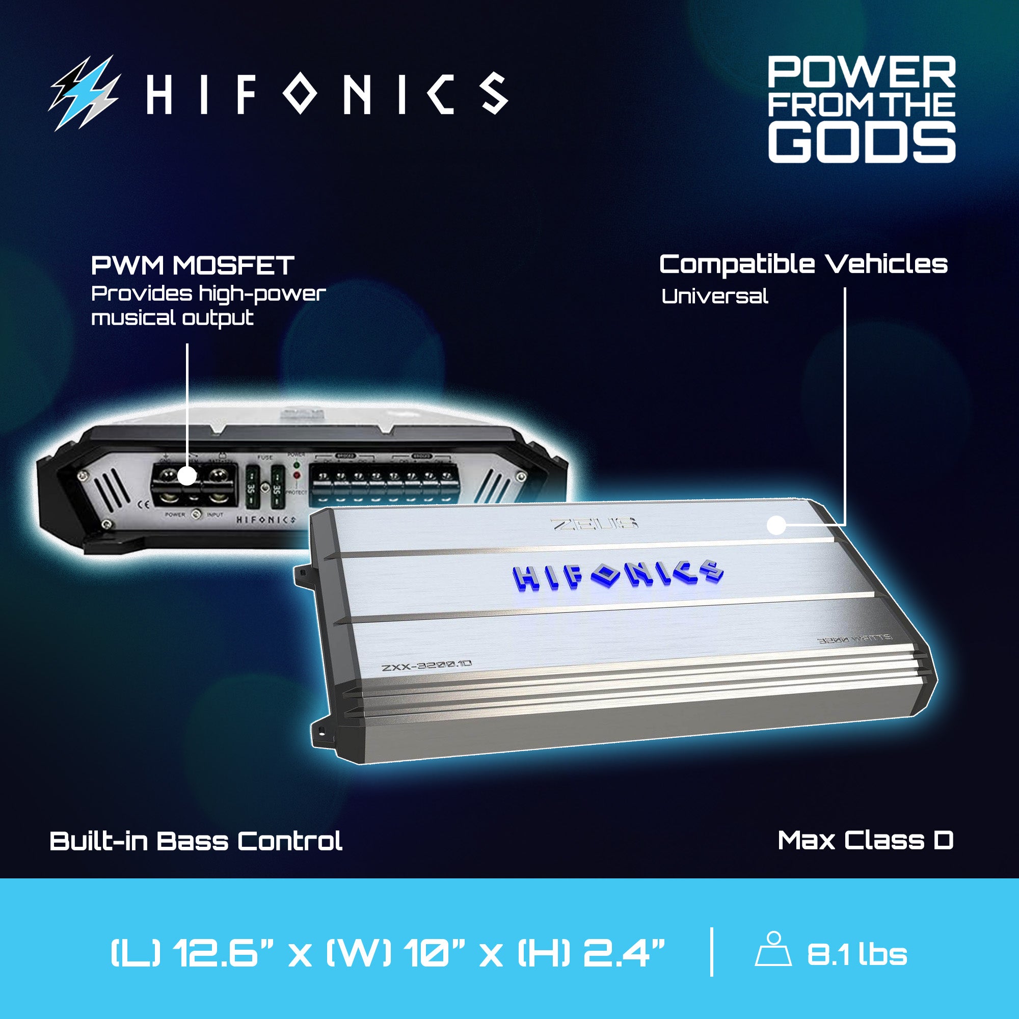 Hifonics Zeus 1200W Max Class D Monoblock Car Audio Amp & Bass Knob, ZXX-1200.1D