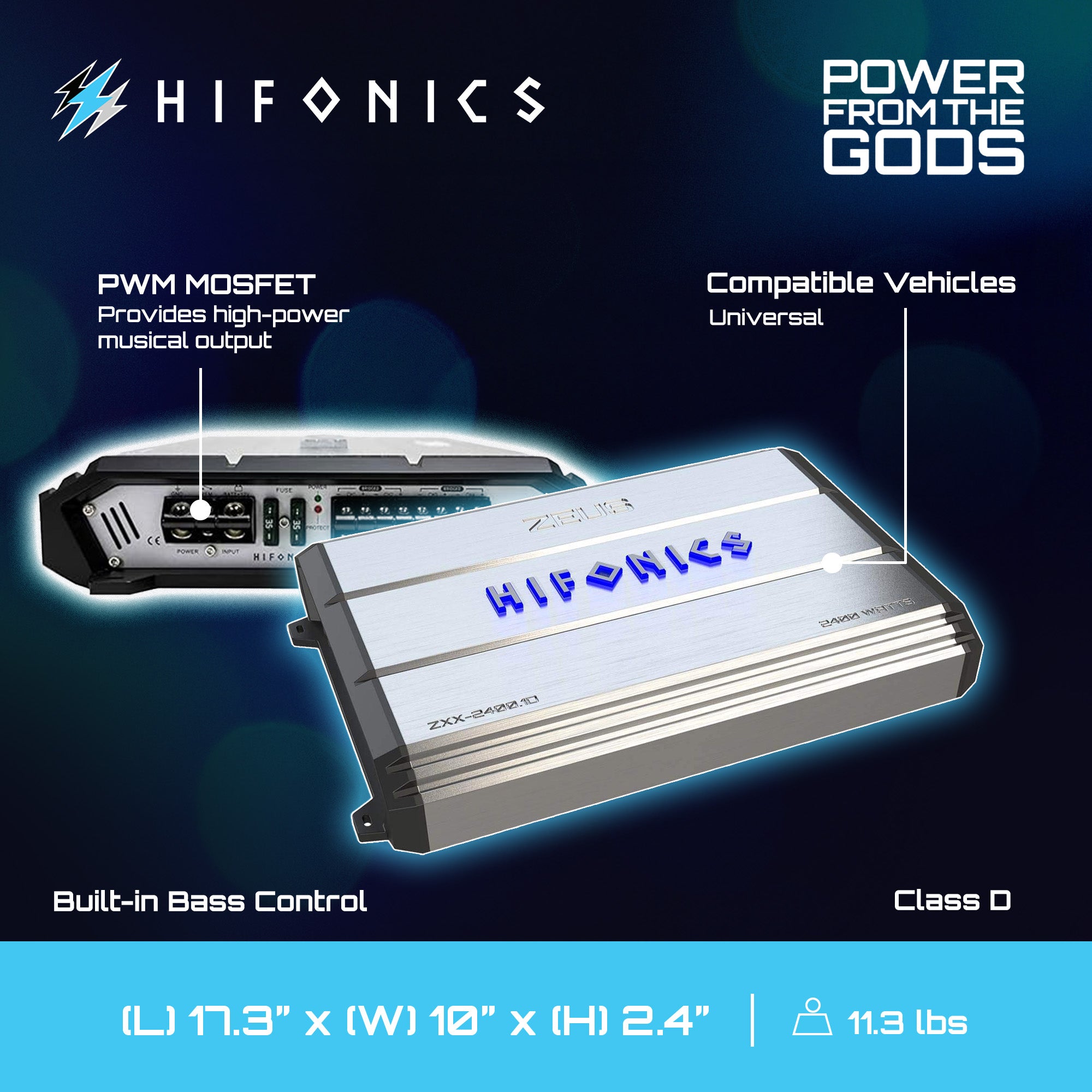 Hifonics Zeus 2400W Max Class D Monoblock Car Audio Amp & Bass Knob, ZXX-2400.1D