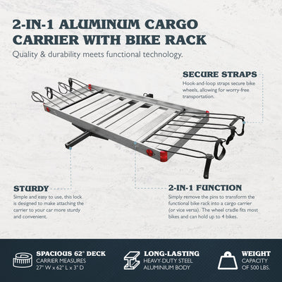 Tow Tuff TTF-2762ACBR Heavy Duty 2-in-1 Aluminum Cargo Carrier with Bike Rack (Refurbished)