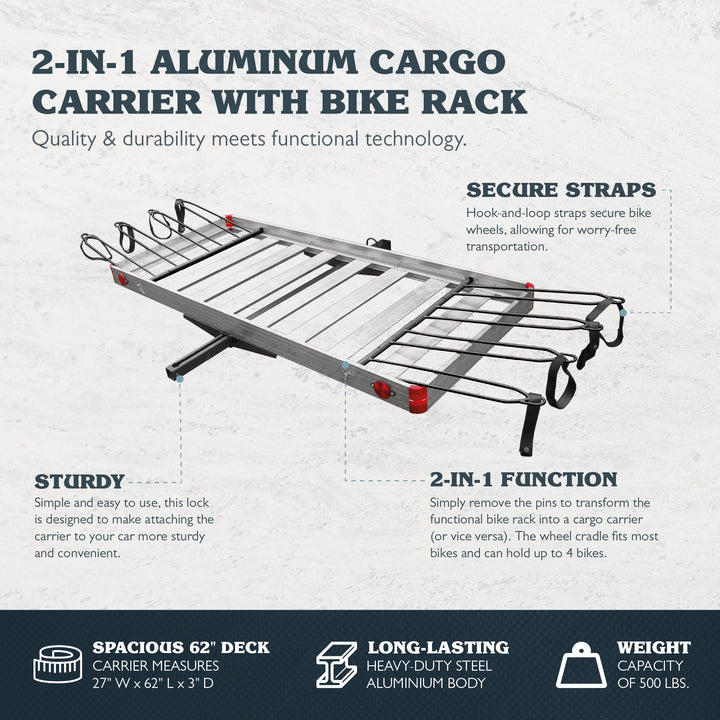 Tow Tuff Heavy Duty 2-in-1 Aluminum Cargo Carrier with Bike Rack (Open Box)