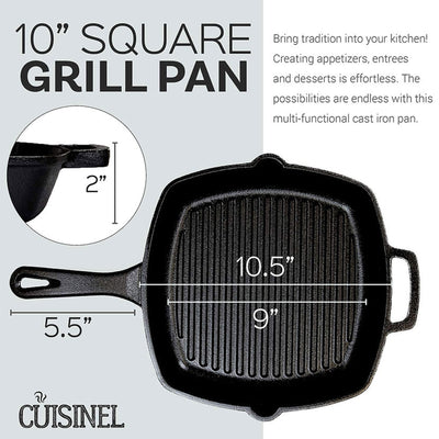 Pre Seasoned Cast Iron Square Grill Pan w/ Glass Lid, 10.5 In (Used)