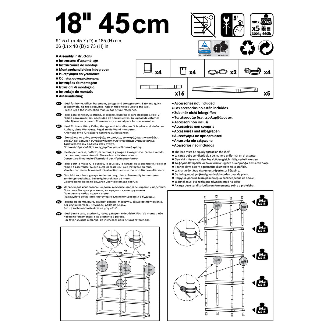 Ram Quality Products Deluxe 5 Tier Plastic Garage Storage Shelf Unit, Black - VMInnovations