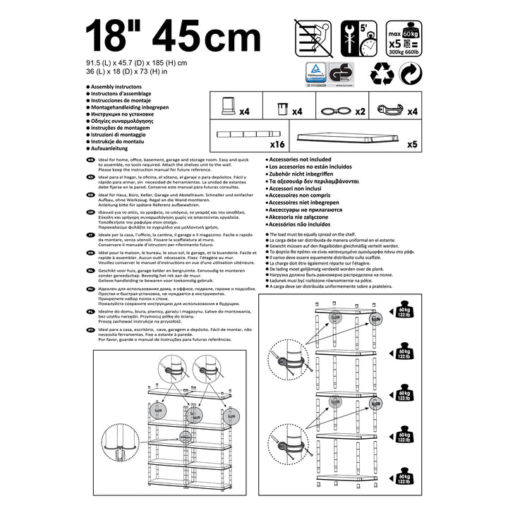 Ram Quality Products Deluxe 5 Tier Plastic Garage Storage Shelf Unit, Black - VMInnovations