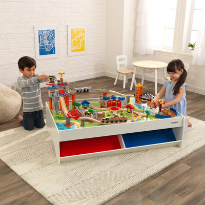 KidKraft Railway Express Toddler Wooden 79 Piece Toy Train Set & Table (Used)