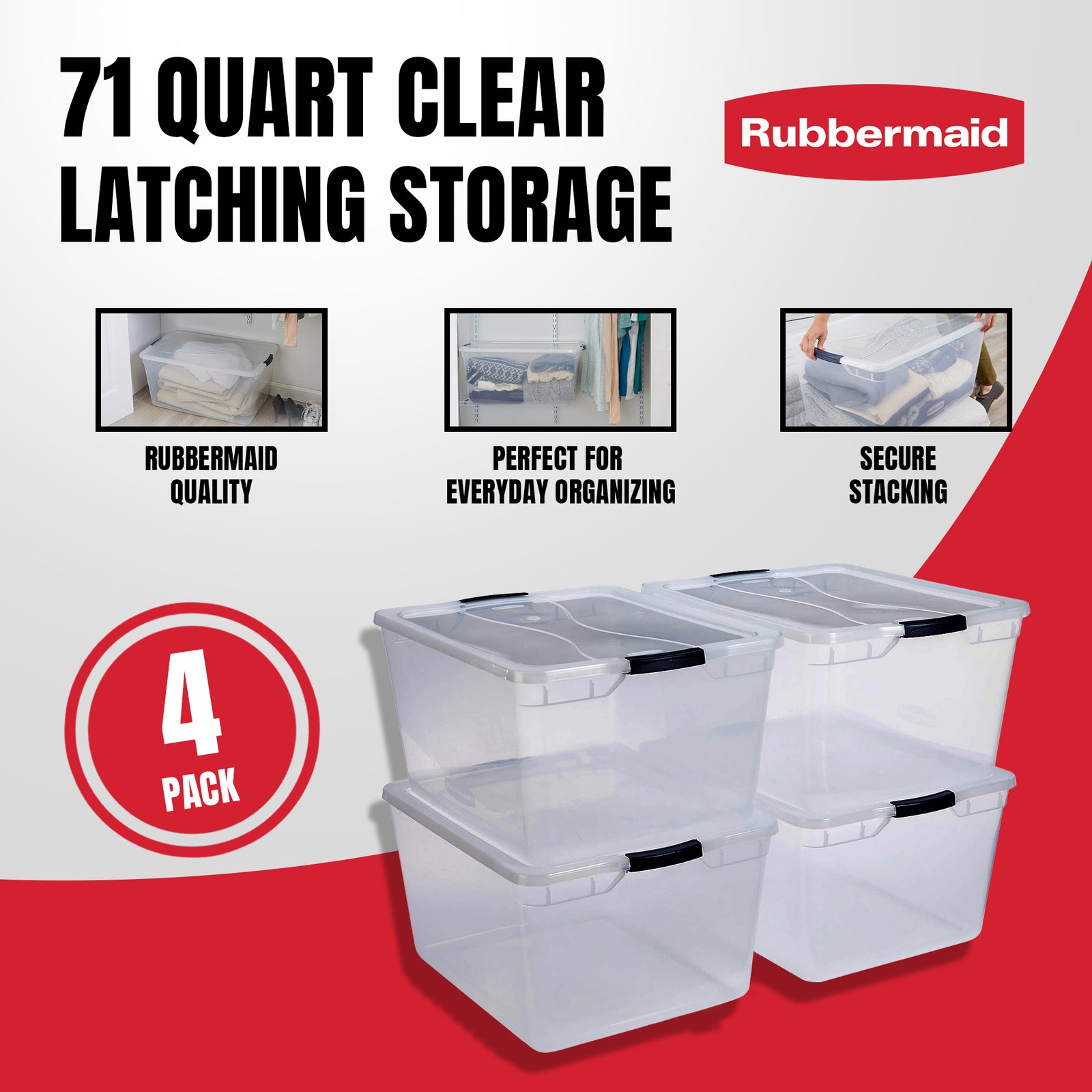 Rubbermaid Cleverstore 71 Qt Latching Plastic Container & Lid (4 Pack)(Open Box) - VMInnovations