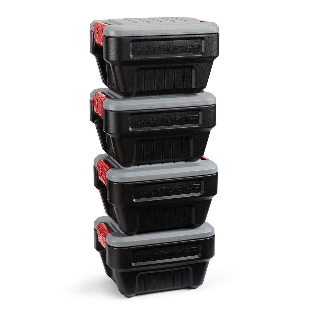 Rubbermaid 8 Gallon Lockable Latch Plastic Storage Container Box, Black (4 Pack)