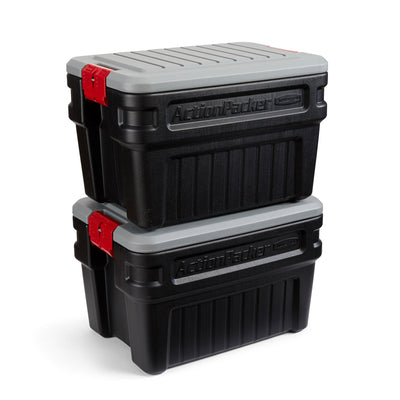 Rubbermaid 24 Gal Action Packer Lockable Latch Storage Container, Black (2 Pack)