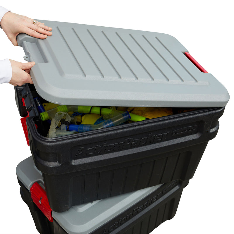 Rubbermaid 24 Gal Action Packer Lockable Latch Storage Container, Black (2 Pack)