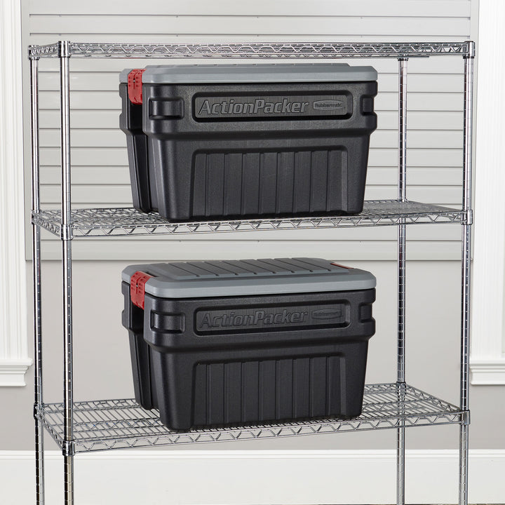 Rubbermaid 24 Gal Action Packer Lockable Latch Storage Container, Black (2 Pack)