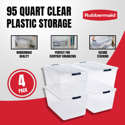 Rubbermaid Cleverstore 95 Quart Latching Plastic Storage & Lid, 4 Pack(Open Box) - VMInnovations