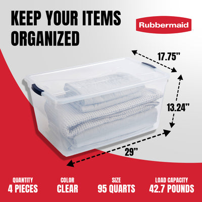 Rubbermaid Cleverstore 95 Quart Latching Plastic Storage & Lid, 4 Pack(Open Box) - VMInnovations
