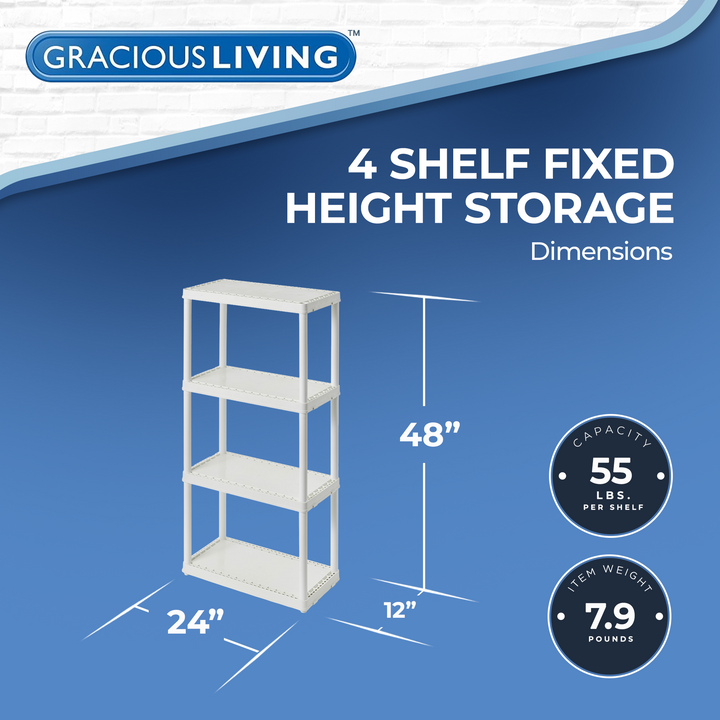 Gracious Living 4 Shelf Fixed Height Solid Light Duty Home Storage Unit, White