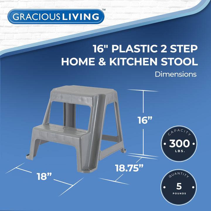Gracious Living 16" Plastic 2 Step Portable Garage Home & Kitchen Stool, Gray