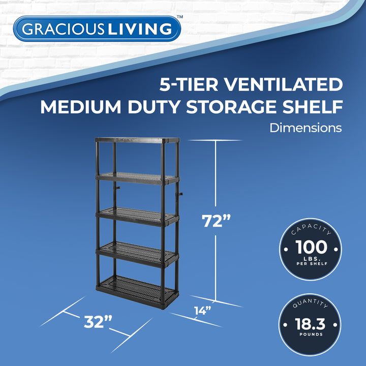 Gracious Living 5 Shelf Fixed Height Ventilated Medium Duty Storage Unit, Black