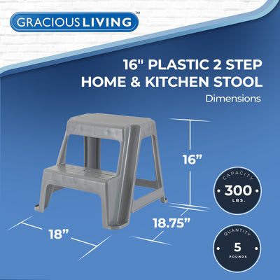Gracious Living 16" Plastic 2 Step Portable Garage Home & Kitchen Stool, Gray