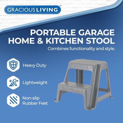 Gracious Living 16" Plastic 2 Step Portable Garage Home & Kitchen Stool, Gray