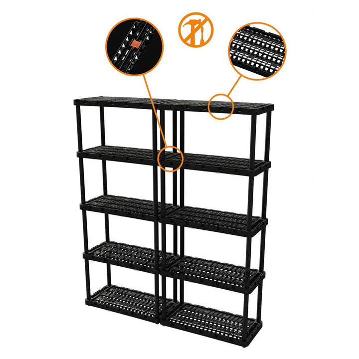 Gracious Living 5 Shelf Knect-A-Shelf Ventilated Heavy Duty Storage, Black 2Pack