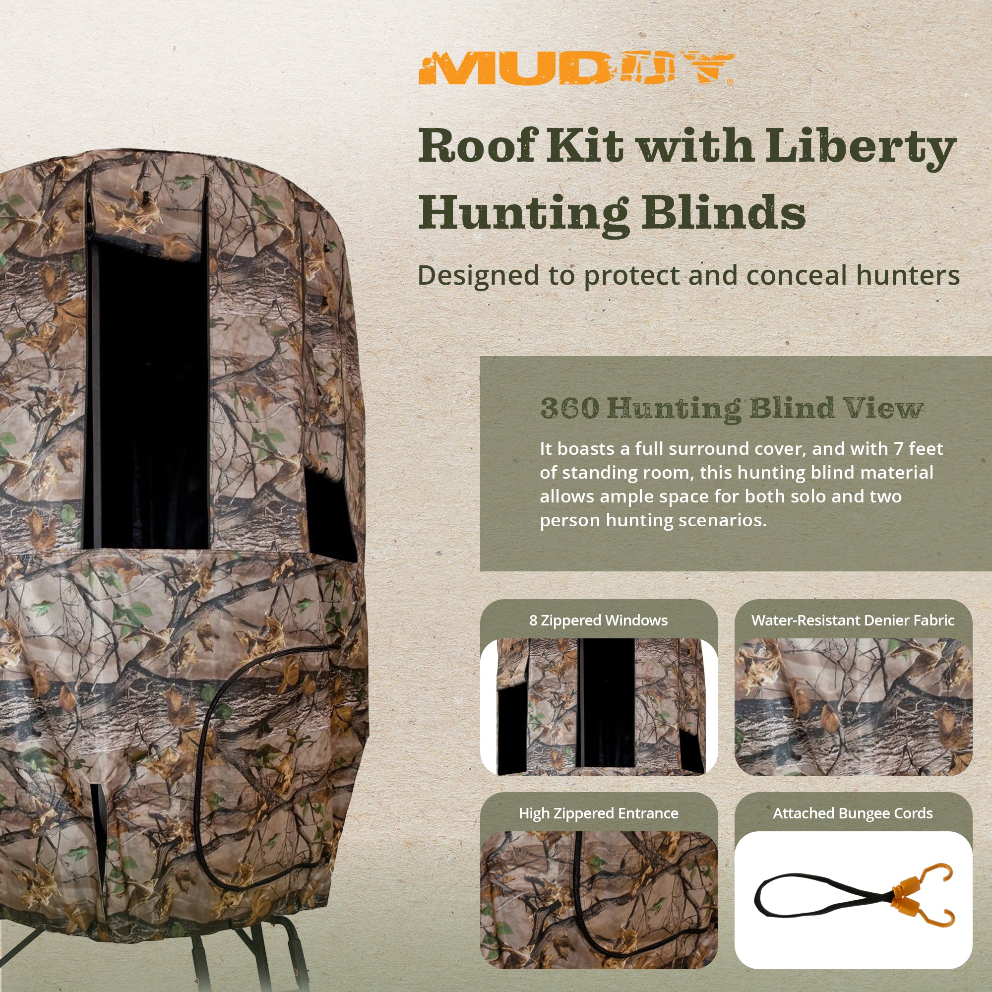 Muddy Roof Kit Hunting Gear, Hunting Blind w/ 8 Windows for Liberty Tripod Stand - VMInnovations