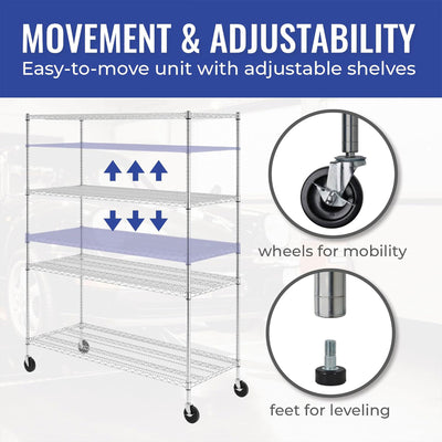 SafeRacks 24 x 60 x 72" 4 Tier Steel Wire Storage Shelving Rack w/Wheels, Silver