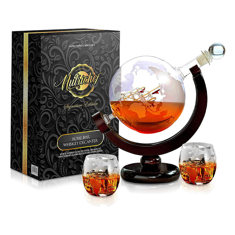 NutriChef Home Bar Whiskey Clear Globe Decanter with Stand and Glasses(Open Box)