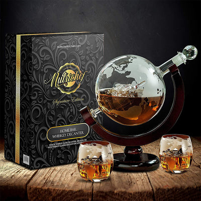 NutriChef Home Bar Whiskey Clear Globe Decanter with Stand and Glasses (2 Pack)