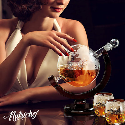 NutriChef Home Bar Whiskey Clear Globe Decanter with Stand and Glasses(Open Box)