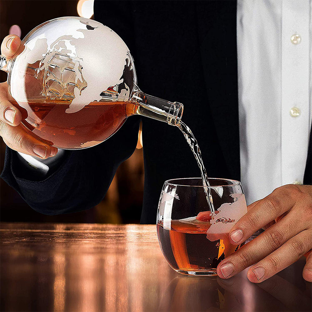 NutriChef Home Bar Whiskey Clear Globe Decanter with Stand and Glasses (4 Pack) - VMInnovations