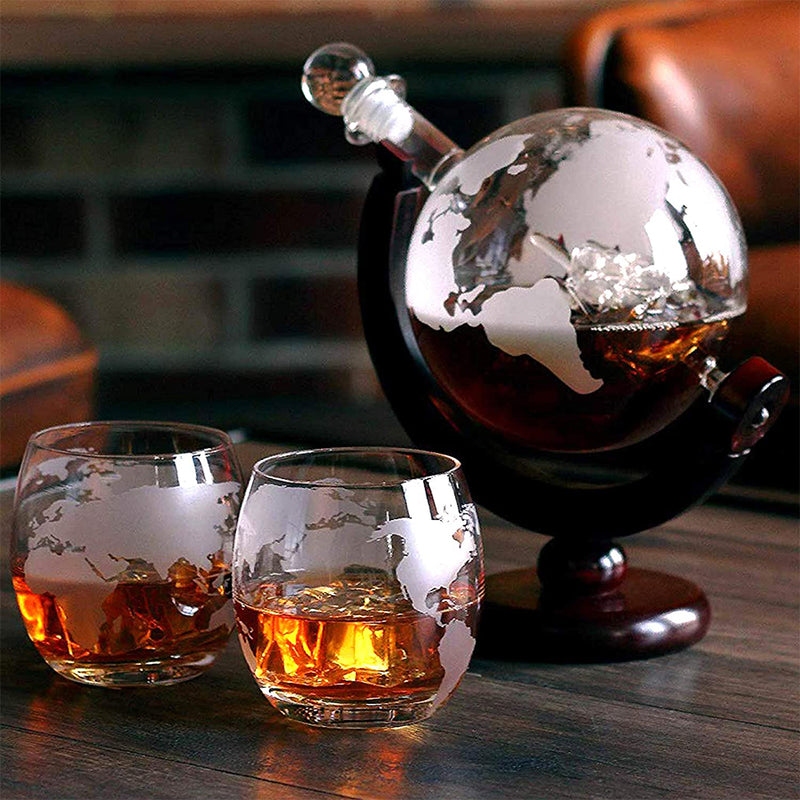 NutriChef Home Bar Whiskey Clear Globe Decanter with Stand and Glasses (2 Pack)